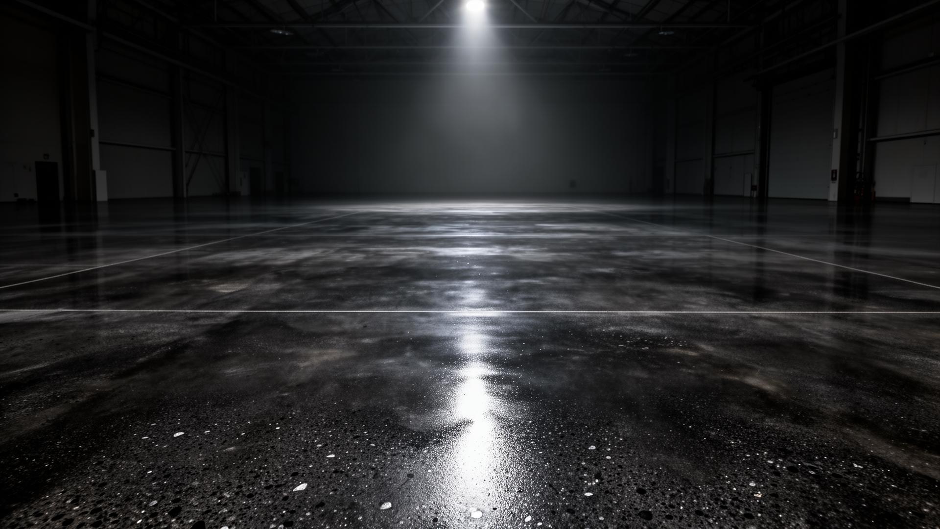Polished concrete floor in a vast industrial interior reflecting overhead light